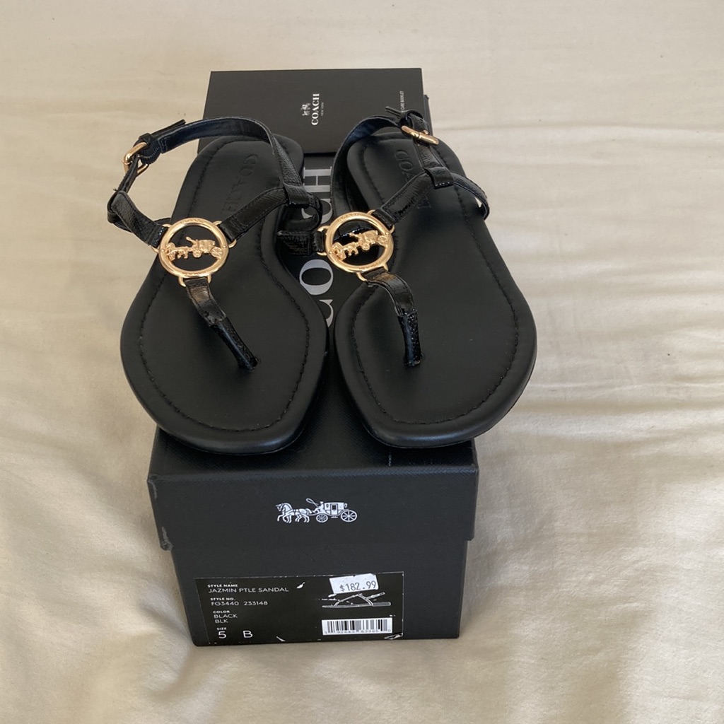 Coach Jazmin Thong Black Sandals, Adjustable Strap Size 5.